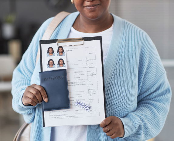 A woman showing identification